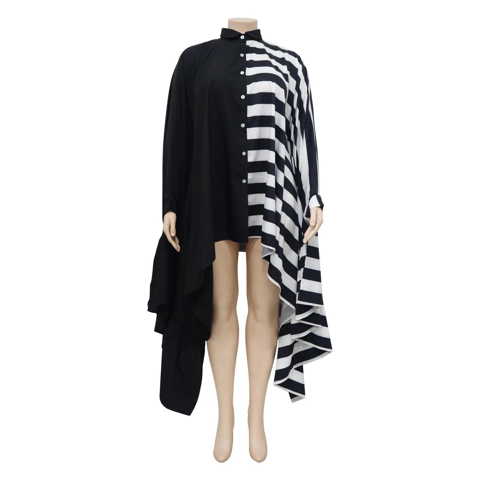 CM.YAYA Women Striped Patchwork Ruffles Hem Batwing Long Sleeve Loose Shirt Dress 2023 Autumn Winter Fashion Dresses Vestidos