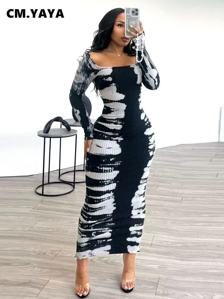 CM.YAYA 2024 Spring O-neck Women Long Sleeve Long Maxi Dress Elastic Print Sexy Party Night Club Birthday Bodycon Street Dresses