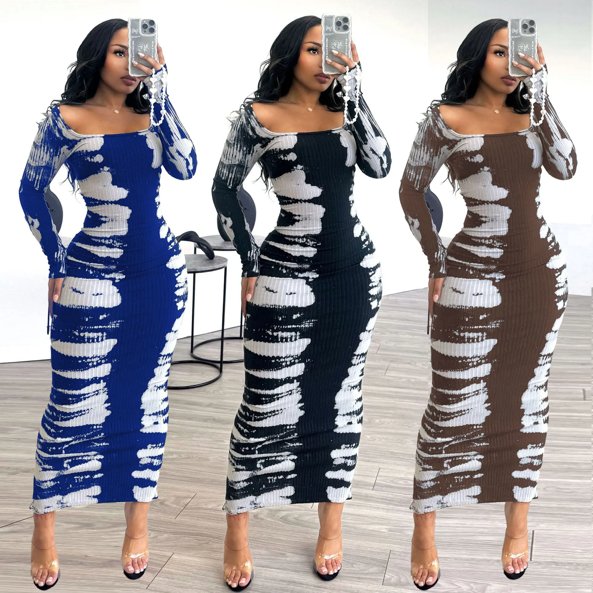CM.YAYA 2024 Spring O-neck Women Long Sleeve Long Maxi Dress Elastic Print Sexy Party Night Club Birthday Bodycon Street Dresses