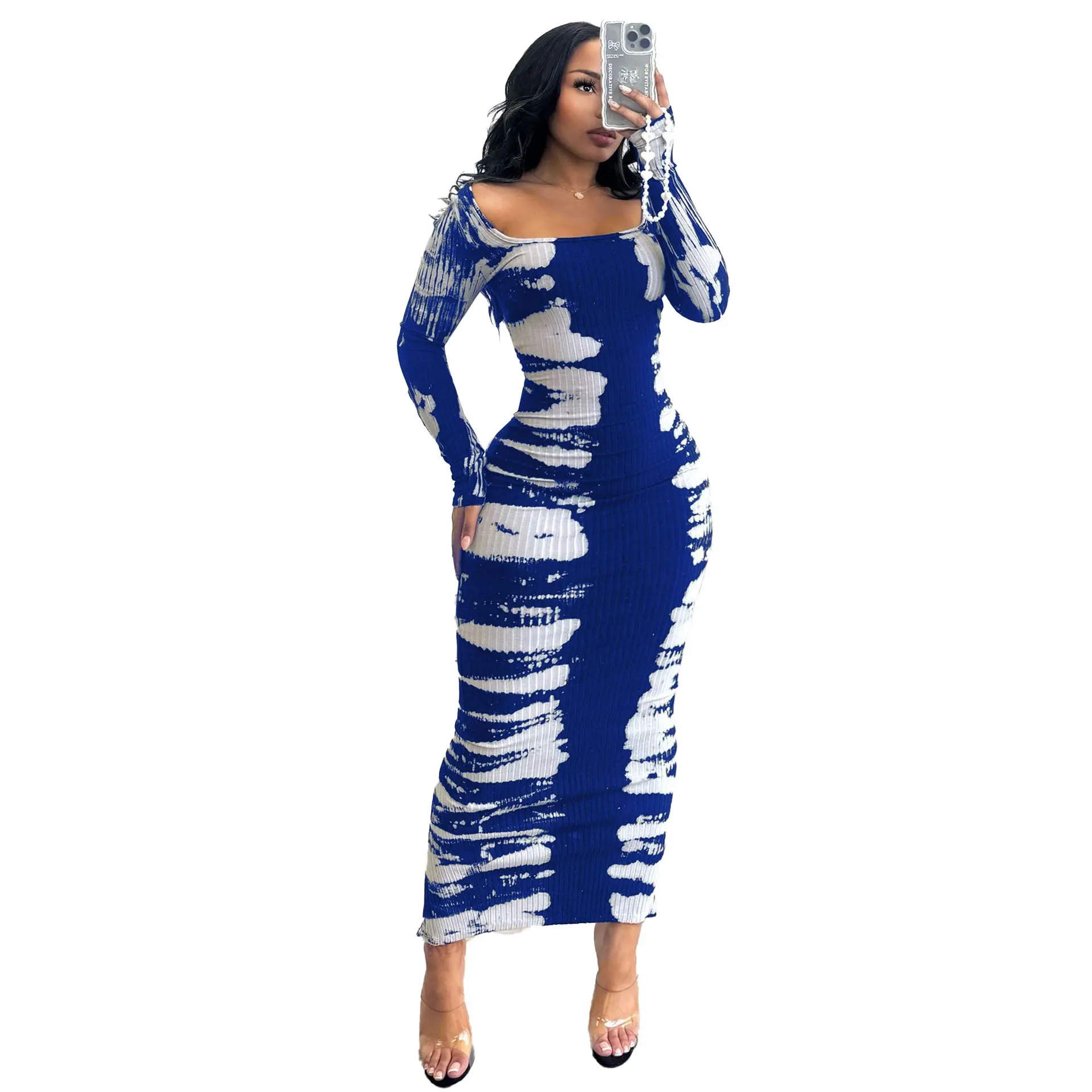 CM.YAYA 2024 Spring O-neck Women Long Sleeve Long Maxi Dress Elastic Print Sexy Party Night Club Birthday Bodycon Street Dresses