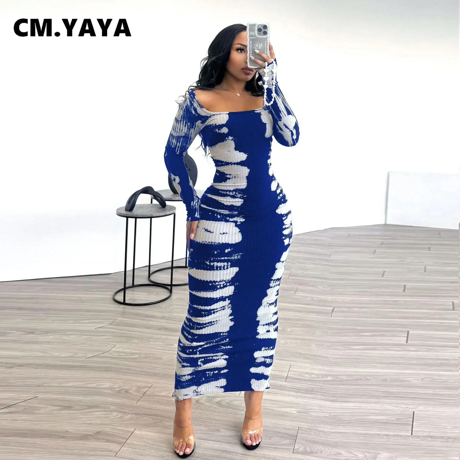 CM.YAYA 2024 Spring O-neck Women Long Sleeve Long Maxi Dress Elastic Print Sexy Party Night Club Birthday Bodycon Street Dresses