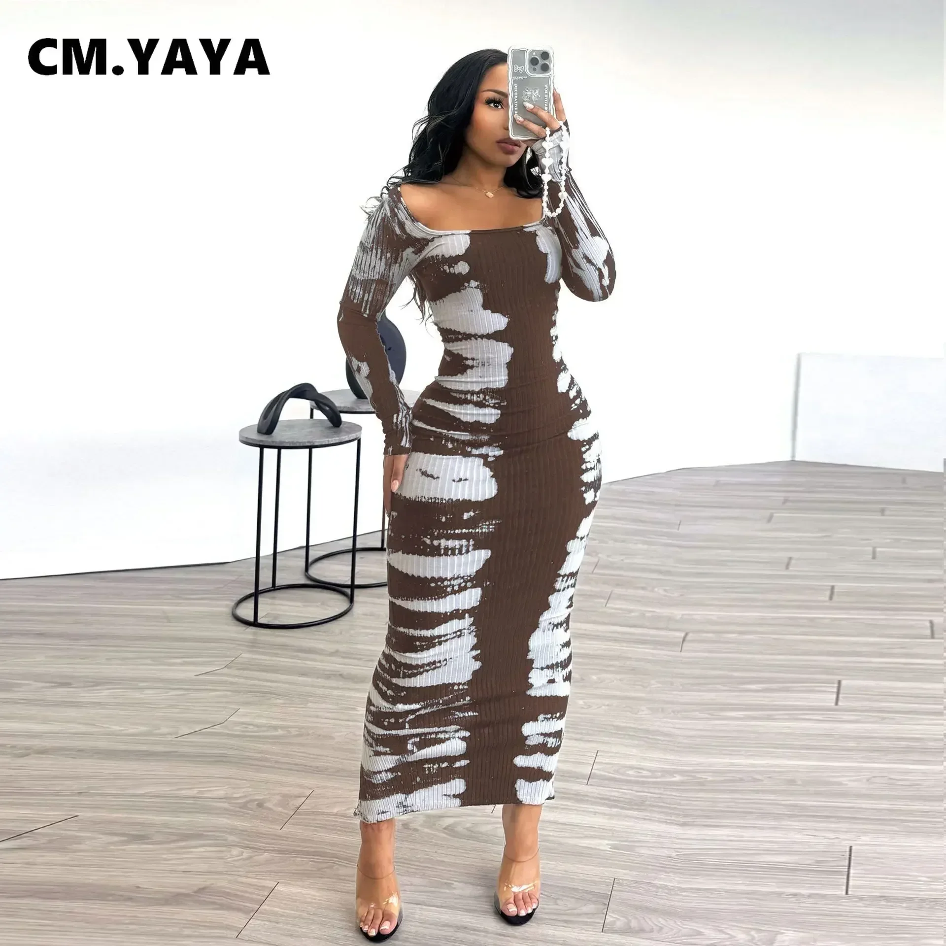 CM.YAYA 2024 Spring O-neck Women Long Sleeve Long Maxi Dress Elastic Print Sexy Party Night Club Birthday Bodycon Street Dresses