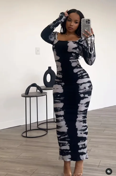 CM.YAYA 2024 Spring O-neck Women Long Sleeve Long Maxi Dress Elastic Print Sexy Party Night Club Birthday Bodycon Street Dresses