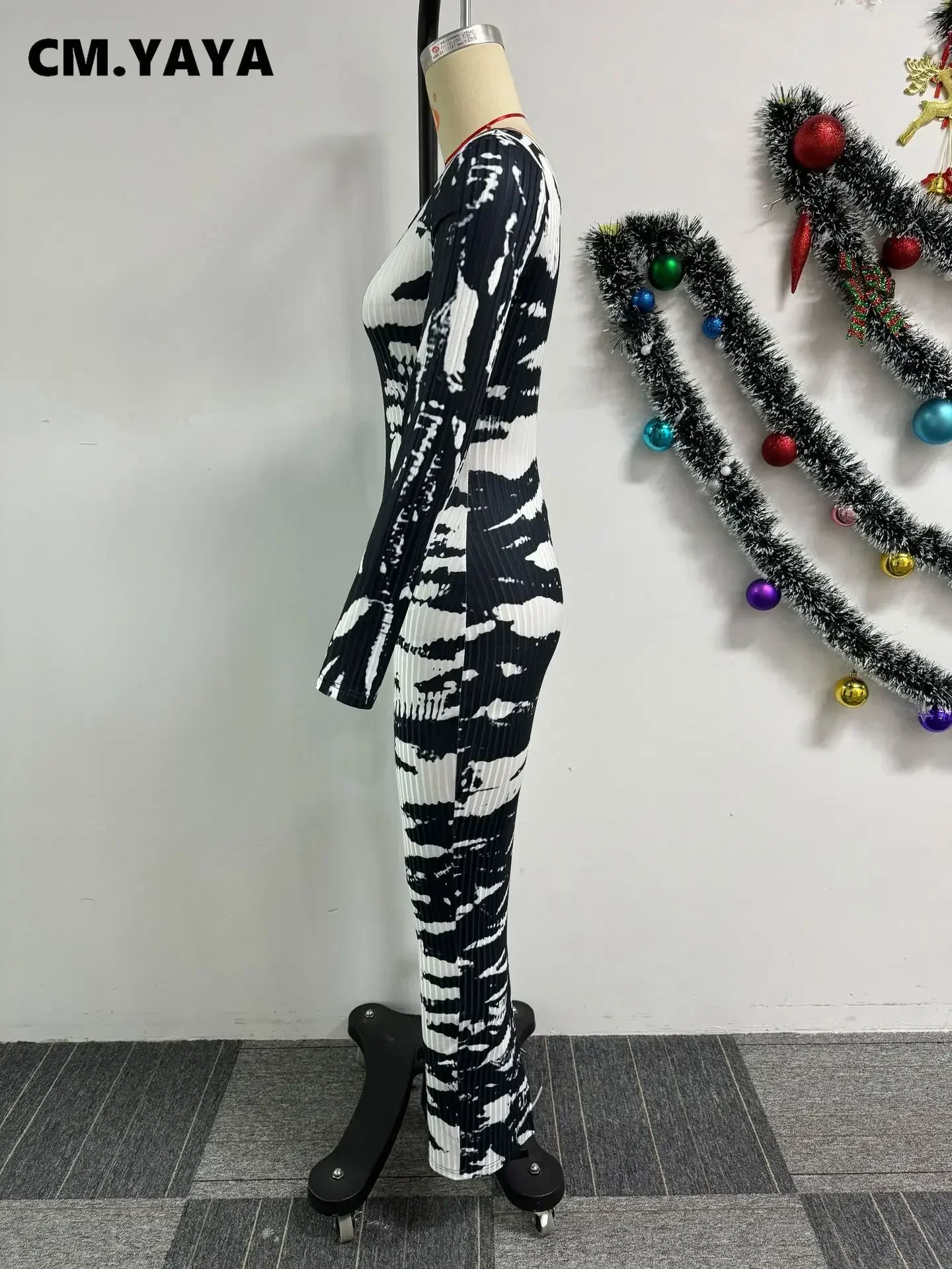 CM.YAYA 2024 Spring O-neck Women Long Sleeve Long Maxi Dress Elastic Print Sexy Party Night Club Birthday Bodycon Street Dresses