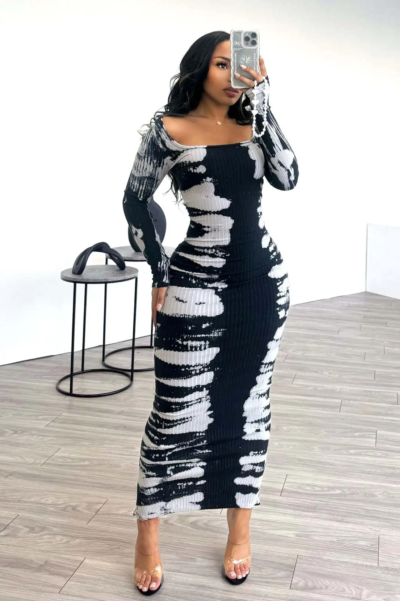 CM.YAYA 2024 Spring O-neck Women Long Sleeve Long Maxi Dress Elastic Print Sexy Party Night Club Birthday Bodycon Street Dresses