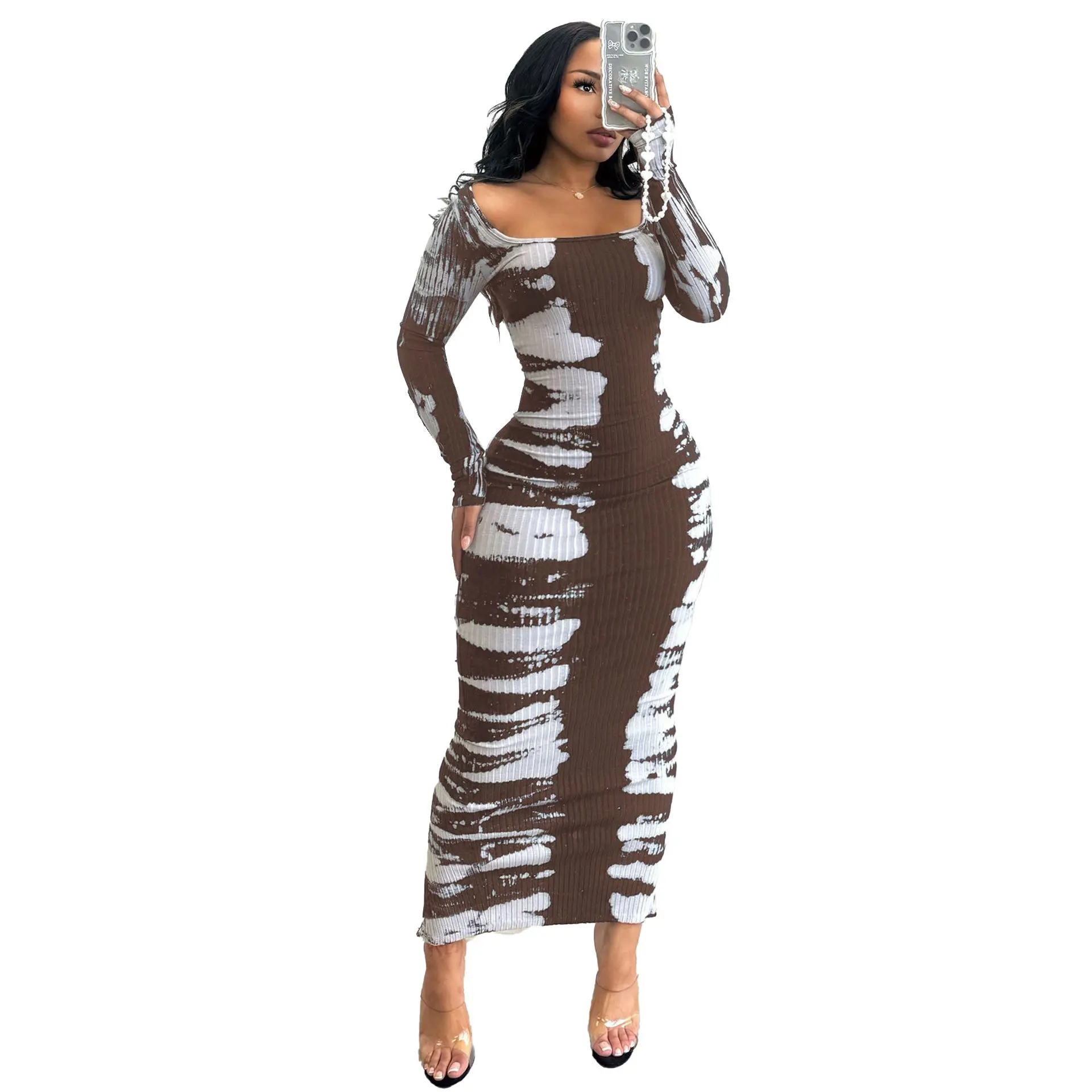 CM.YAYA 2024 Spring O-neck Women Long Sleeve Long Maxi Dress Elastic Print Sexy Party Night Club Birthday Bodycon Street Dresses
