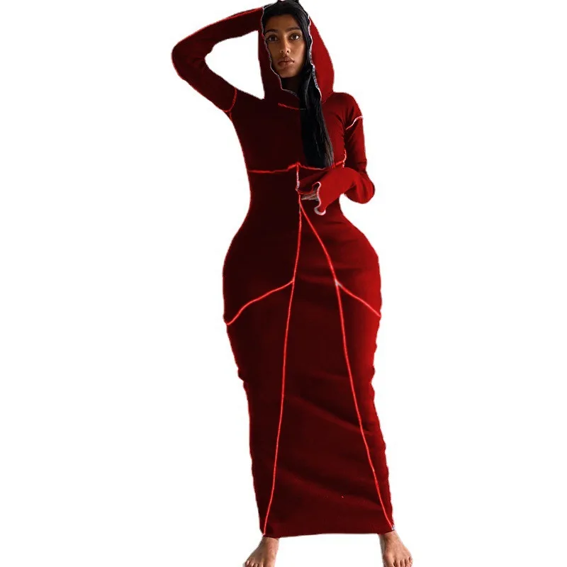 CM.YAYA Women Patchwork Hooded Long Sleeve Bodycon Maxi Dress Sexy Club Party Long Dresses 2021 Spring winter