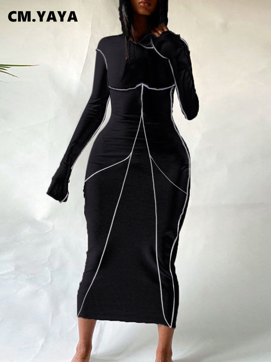 CM.YAYA Women Patchwork Hooded Long Sleeve Bodycon Maxi Dress Sexy Club Party Long Dresses 2021 Spring winter