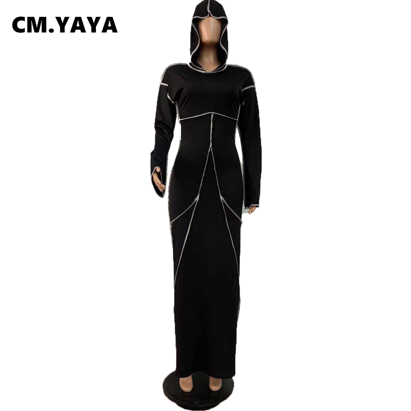 CM.YAYA Women Patchwork Hooded Long Sleeve Bodycon Maxi Dress Sexy Club Party Long Dresses 2021 Spring winter
