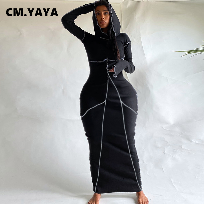 CM.YAYA Women Patchwork Hooded Long Sleeve Bodycon Maxi Dress Sexy Club Party Long Dresses 2021 Spring winter