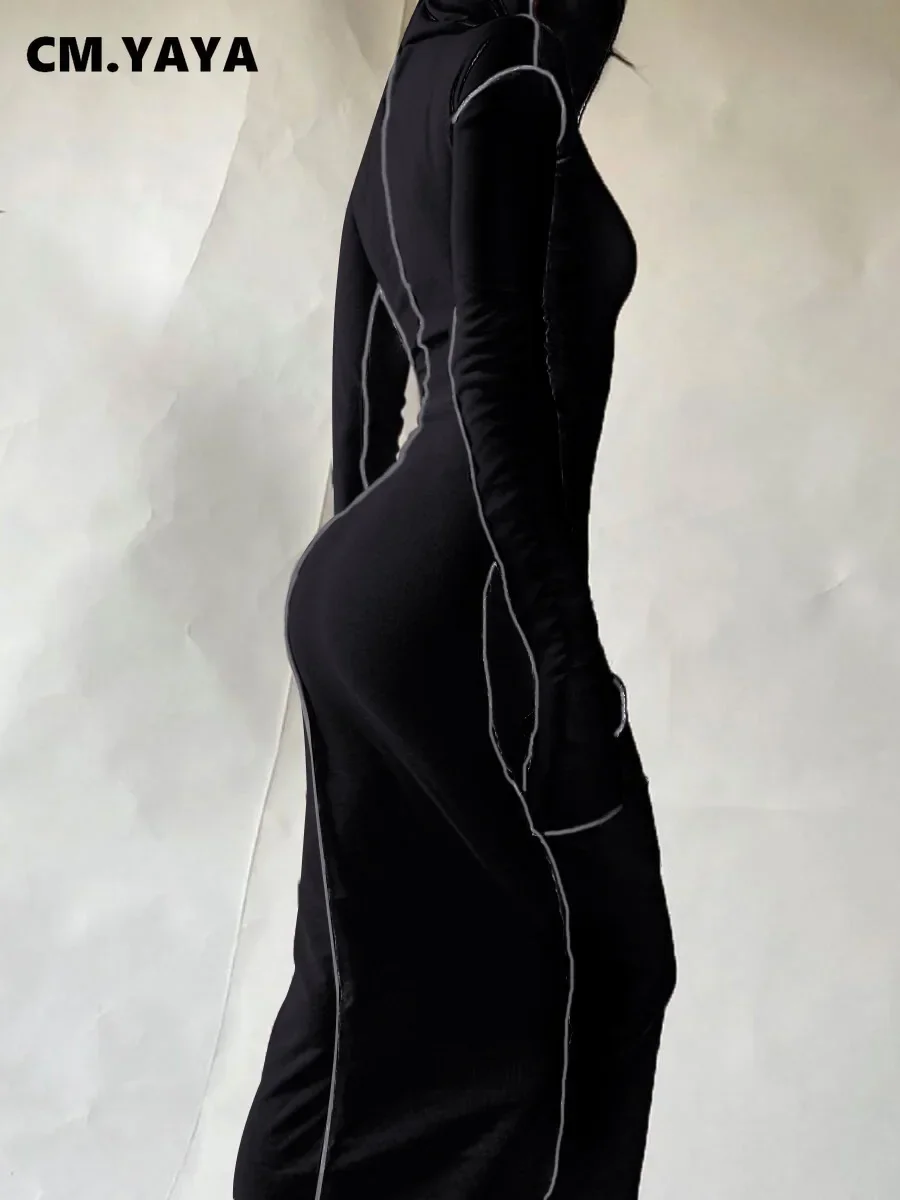 CM.YAYA Women Patchwork Hooded Long Sleeve Bodycon Maxi Dress Sexy Club Party Long Dresses 2021 Spring winter