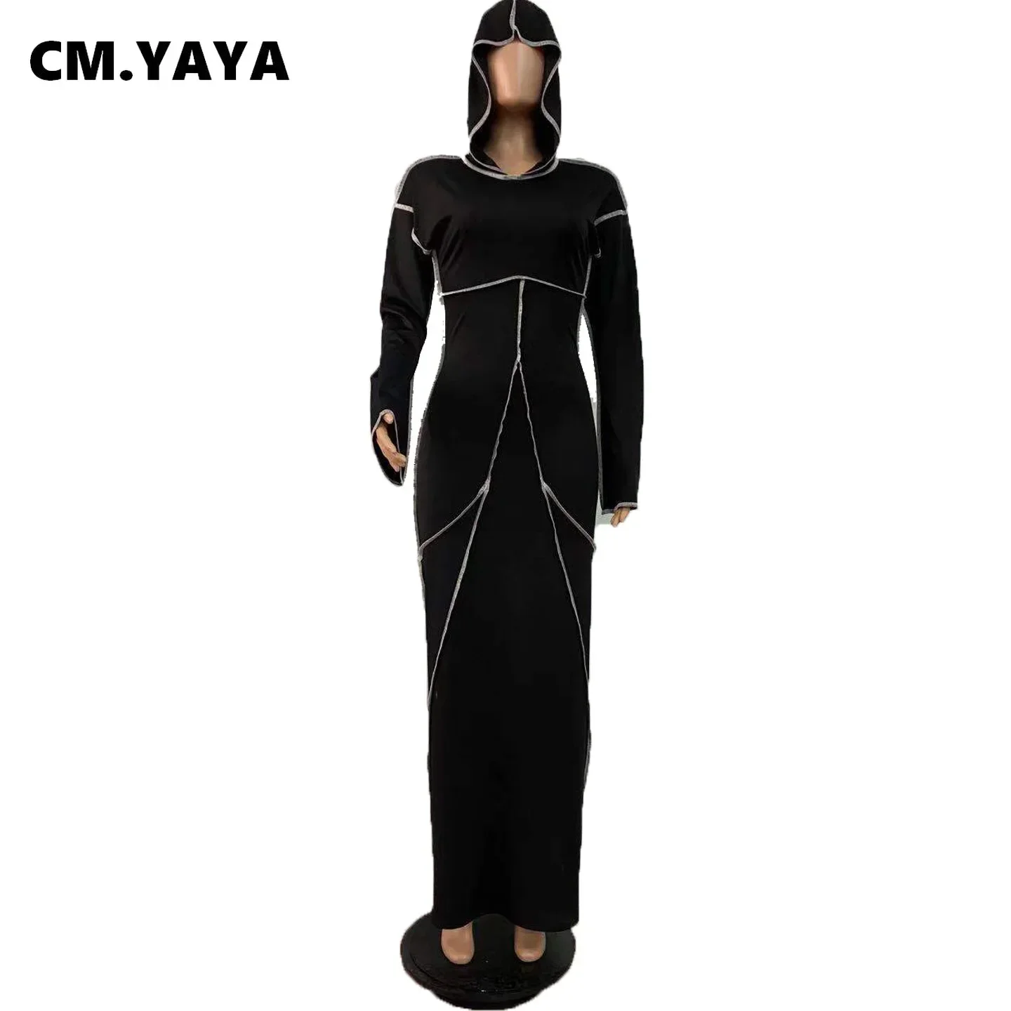 CM.YAYA Women Patchwork Hooded Long Sleeve Bodycon Maxi Dress Sexy Club Party Long Dresses 2021 Spring winter