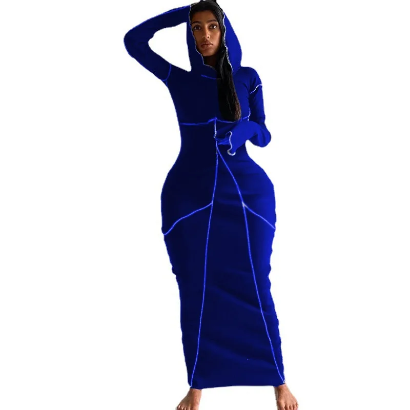 CM.YAYA Women Patchwork Hooded Long Sleeve Bodycon Maxi Dress Sexy Club Party Long Dresses 2021 Spring winter