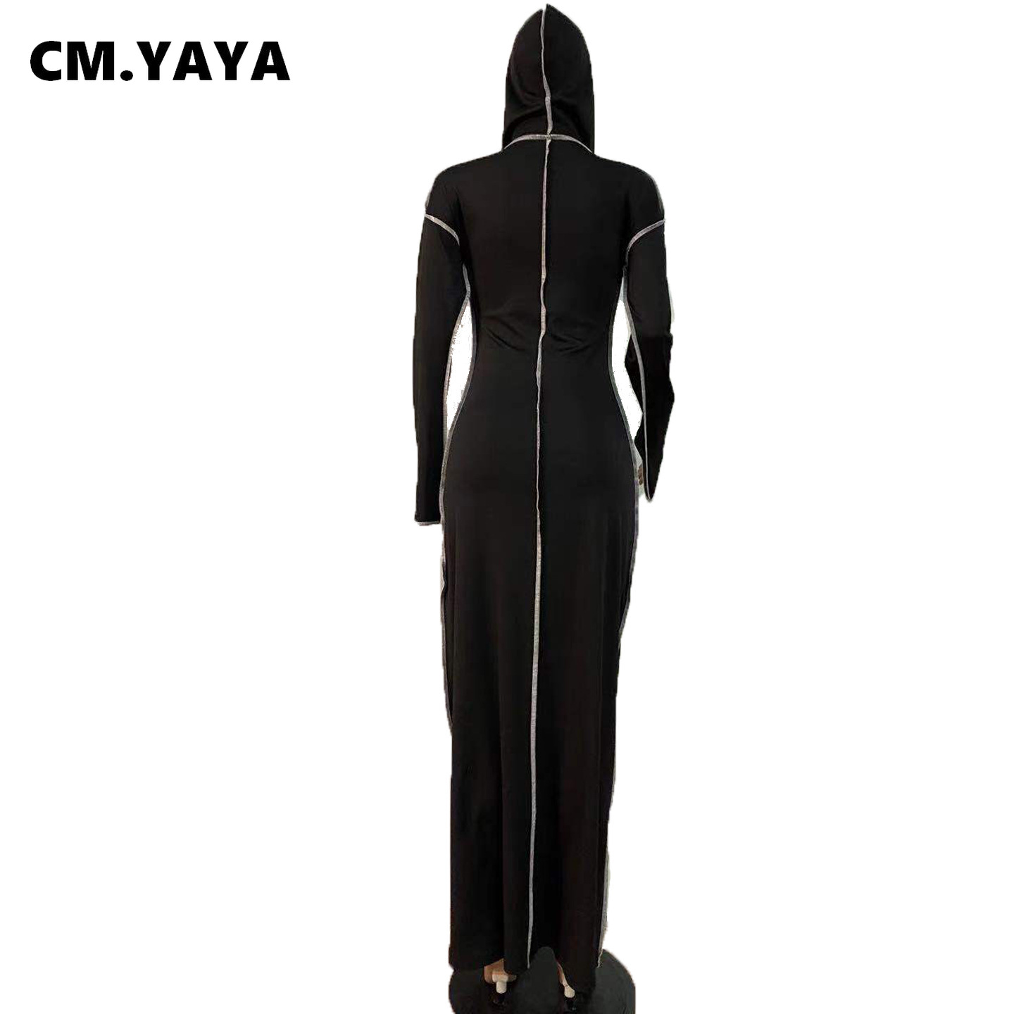 CM.YAYA Women Patchwork Hooded Long Sleeve Bodycon Maxi Dress Sexy Club Party Long Dresses 2021 Spring winter