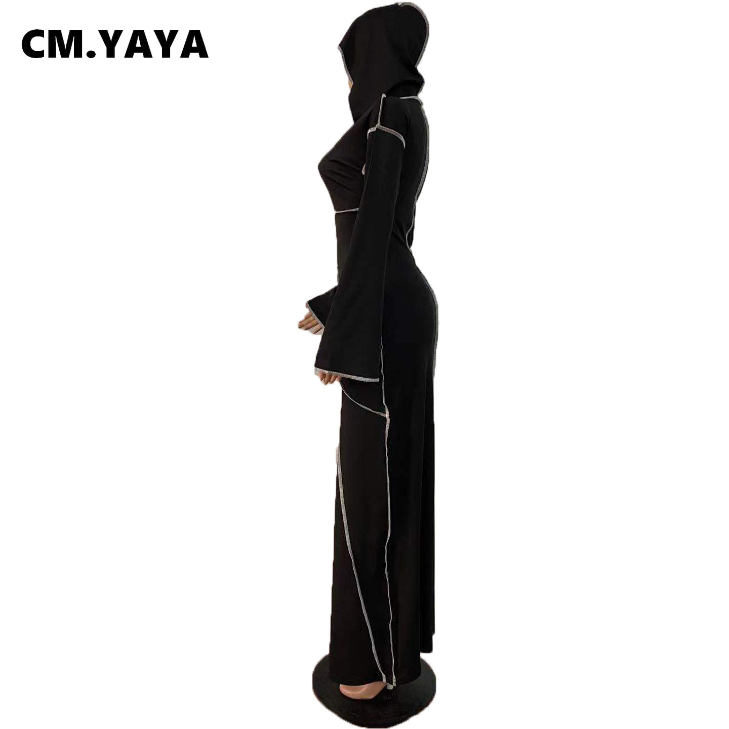 CM.YAYA Women Patchwork Hooded Long Sleeve Bodycon Maxi Dress Sexy Club Party Long Dresses 2021 Spring winter