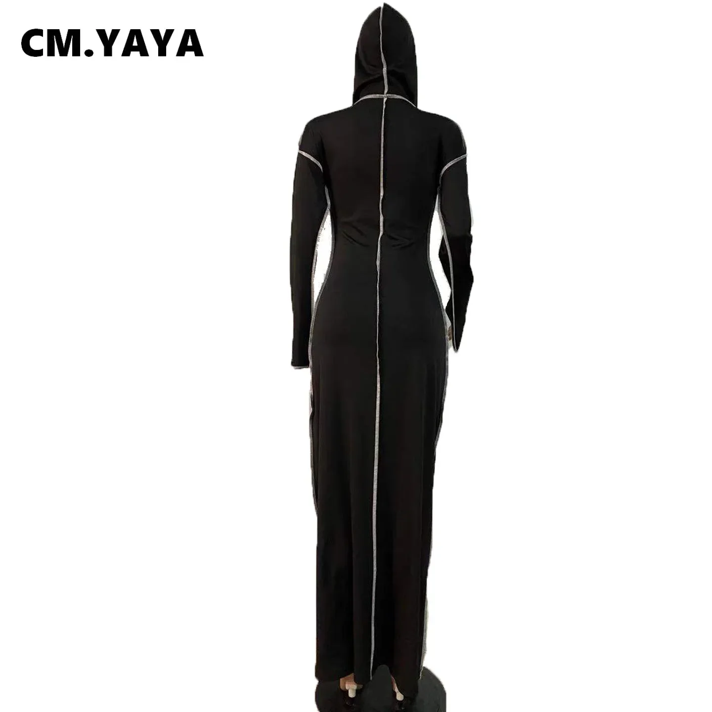 CM.YAYA Women Patchwork Hooded Long Sleeve Bodycon Maxi Dress Sexy Club Party Long Dresses 2021 Spring winter