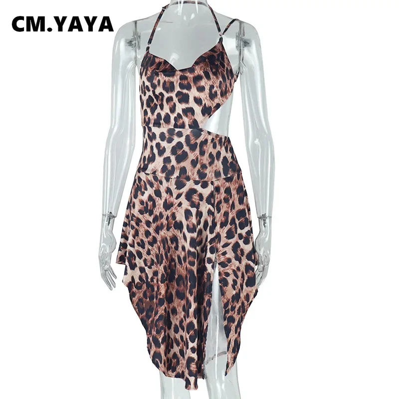CM.YAYA Women Sexy Leopard Print Sleeveless Halter Backless Mini Dress Bodycon V-Neck Night Club Party Street Irregular Dresses