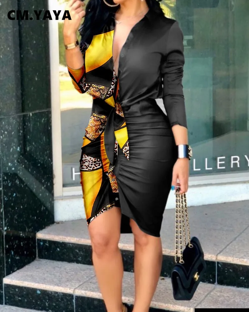 CM.YAYA Women Mini Dress Solid Full Sleeve Trun-down Collar Single Breasted Bandage Strechy Dresses Office Lady Outfits Summer