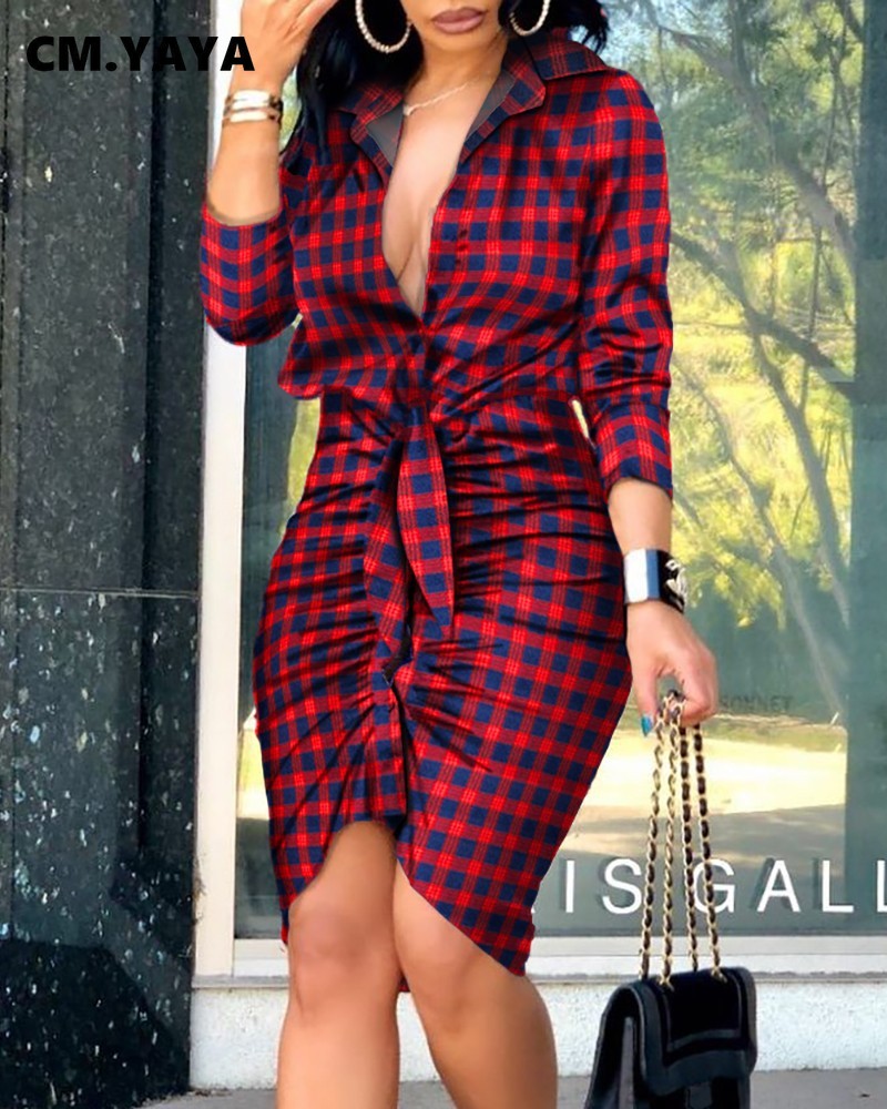 CM.YAYA Women Mini Dress Solid Full Sleeve Trun-down Collar Single Breasted Bandage Strechy Dresses Office Lady Outfits Summer