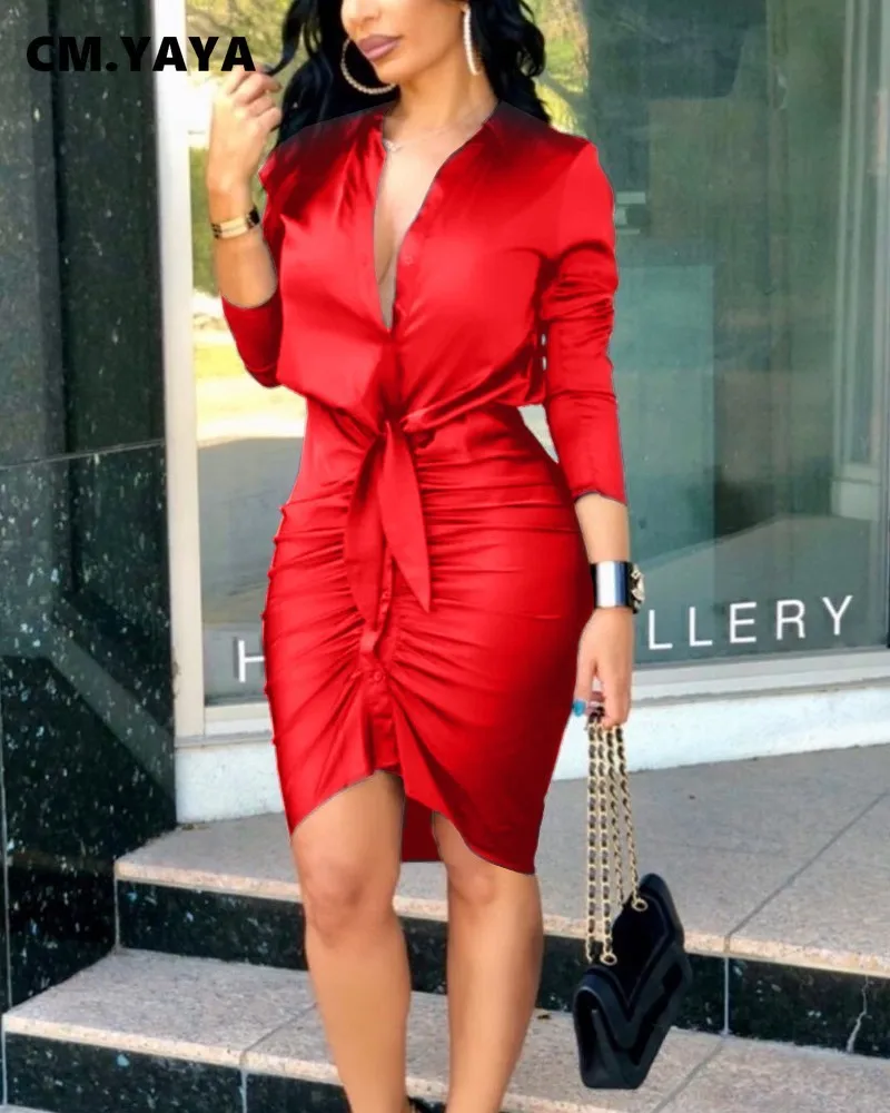 CM.YAYA Women Mini Dress Solid Full Sleeve Trun-down Collar Single Breasted Bandage Strechy Dresses Office Lady Outfits Summer