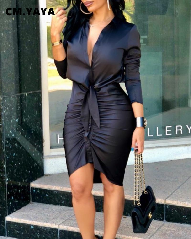 CM.YAYA Women Mini Dress Solid Full Sleeve Trun-down Collar Single Breasted Bandage Strechy Dresses Office Lady Outfits Summer