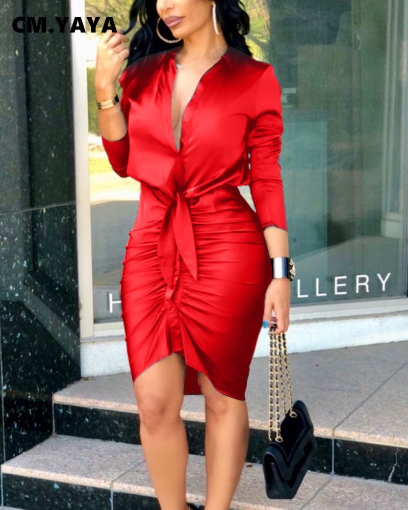 CM.YAYA Women Mini Dress Solid Full Sleeve Trun-down Collar Single Breasted Bandage Strechy Dresses Office Lady Outfits Summer