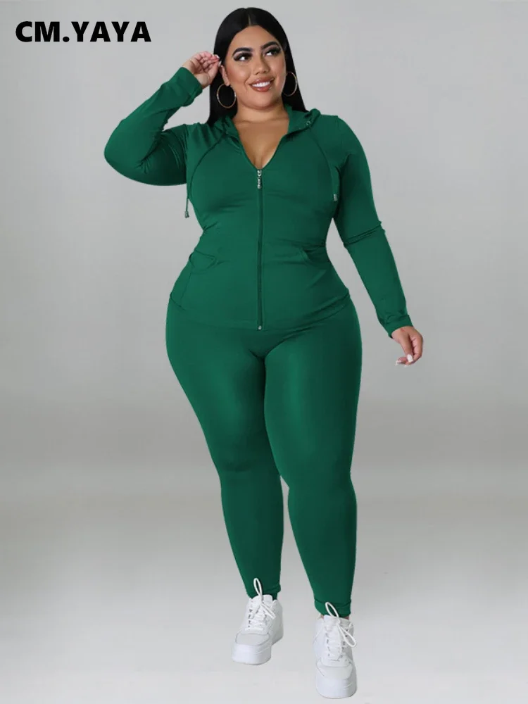 CM.YAYA Elegant Plus Size Women's Set Ong Sleeve Track Zip Sweatshirt and Pants Set Fashion Tracksuit Two 2 Piece Set Outfits