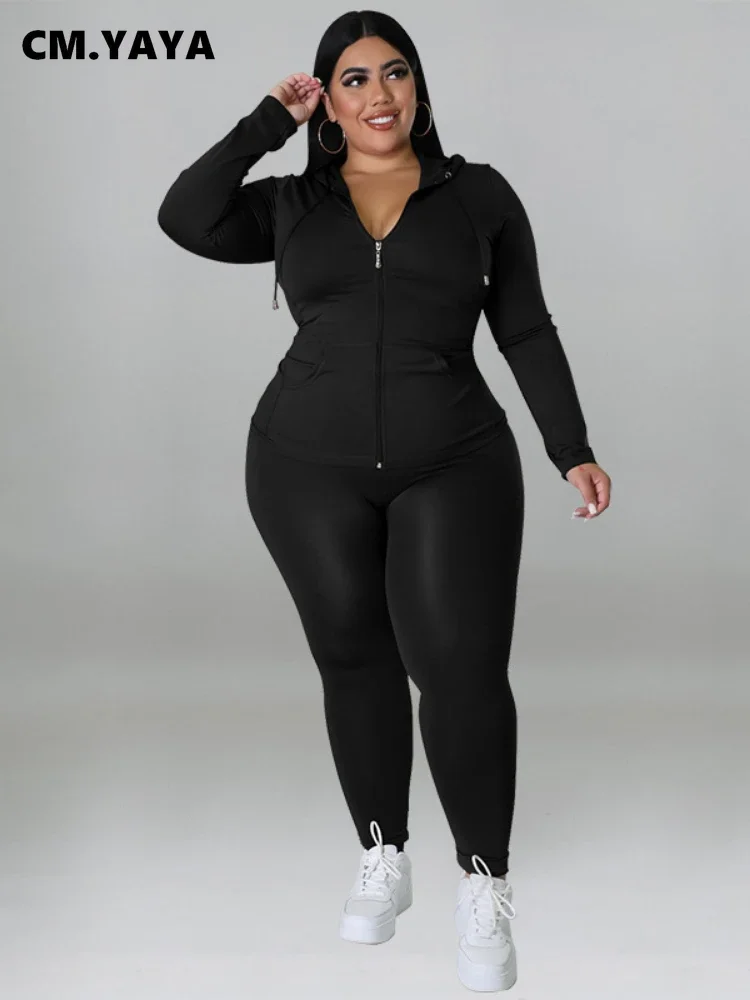CM.YAYA Elegant Plus Size Women's Set Ong Sleeve Track Zip Sweatshirt and Pants Set Fashion Tracksuit Two 2 Piece Set Outfits