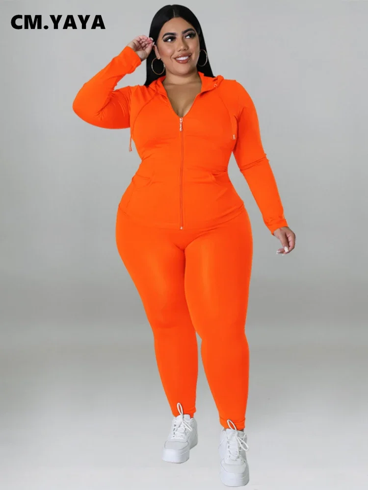 CM.YAYA Elegant Plus Size Women's Set Ong Sleeve Track Zip Sweatshirt and Pants Set Fashion Tracksuit Two 2 Piece Set Outfits