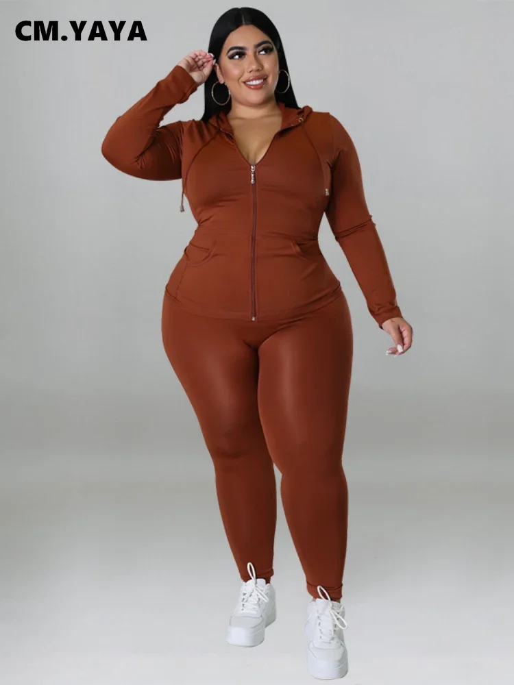 CM.YAYA Elegant Plus Size Women's Set Ong Sleeve Track Zip Sweatshirt and Pants Set Fashion Tracksuit Two 2 Piece Set Outfits