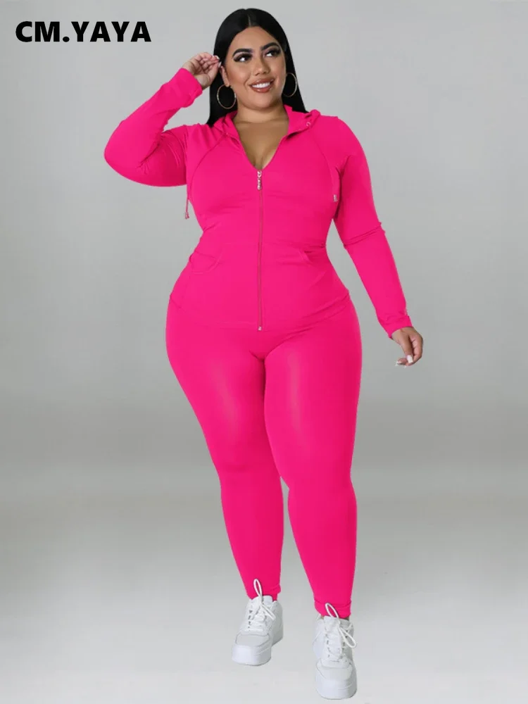 CM.YAYA Elegant Plus Size Women's Set Ong Sleeve Track Zip Sweatshirt and Pants Set Fashion Tracksuit Two 2 Piece Set Outfits