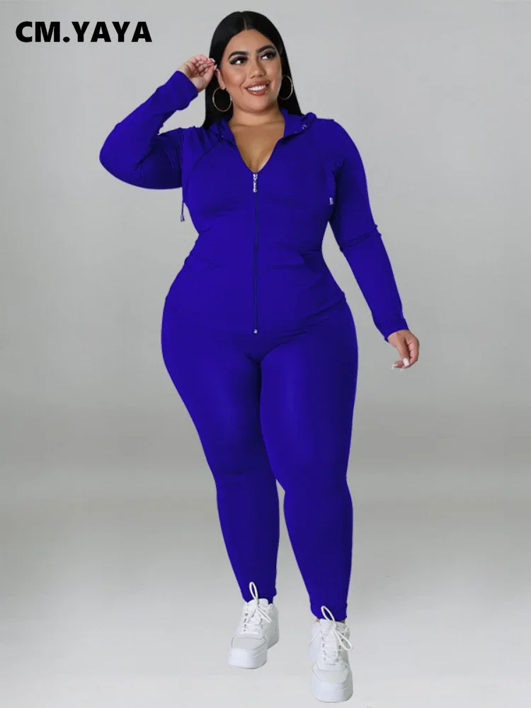 CM.YAYA Elegant Plus Size Women's Set Ong Sleeve Track Zip Sweatshirt and Pants Set Fashion Tracksuit Two 2 Piece Set Outfits