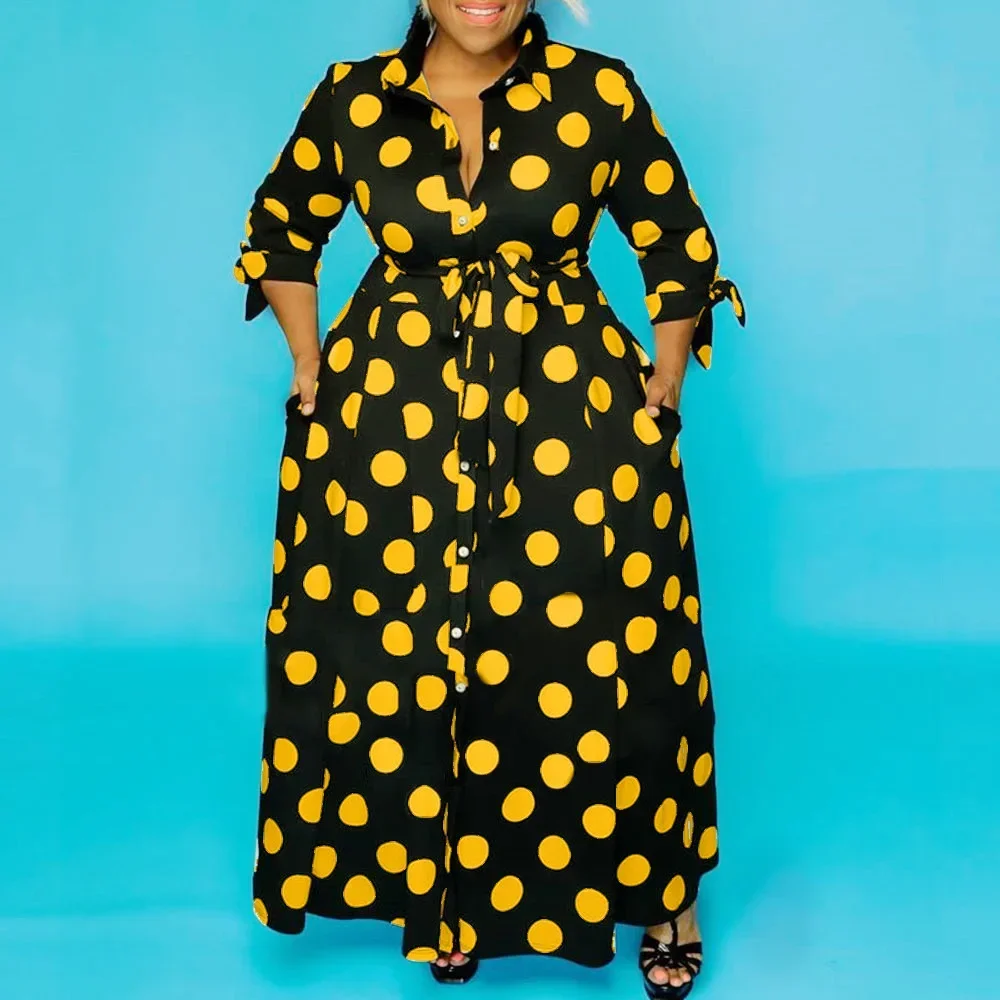 CM.YAYA Autumn Dot Print Button Up Plus Size XL-5XL Women Blousers Maxi Dress Vestidos Streetwear Long Dresses Vestidos