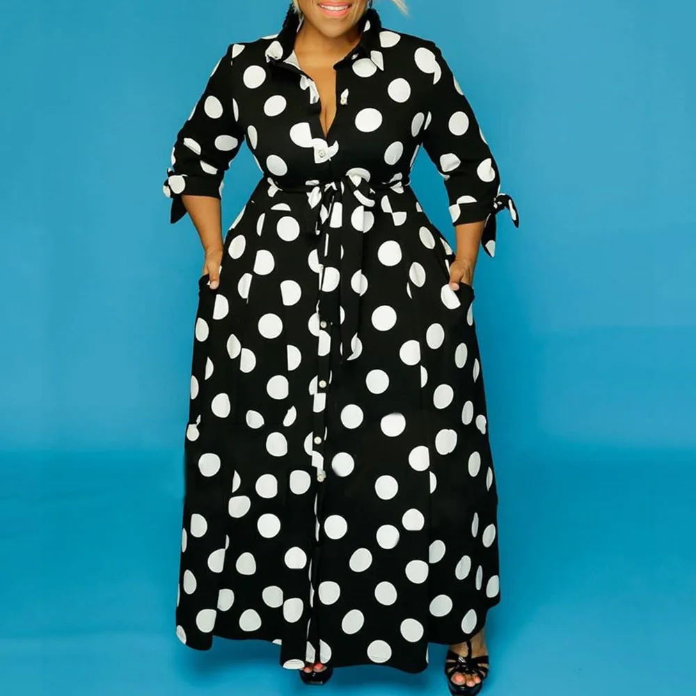CM.YAYA Autumn Dot Print Button Up Plus Size XL-5XL Women Blousers Maxi Dress Vestidos Streetwear Long Dresses Vestidos CM.YAYA Autumn Dot Print Button Up Plus Size XL-5XL Women Blousers Maxi Dress Vestidos Streetwear Long Dresses Vestidos