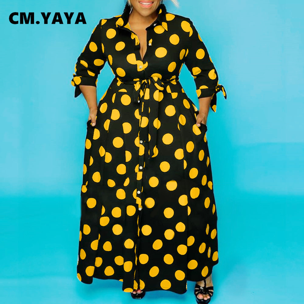 CM.YAYA Autumn Dot Print Button Up Plus Size XL-5XL Women Blousers Maxi Dress Vestidos Streetwear Long Dresses Vestidos CM.YAYA Autumn Dot Print Button Up Plus Size XL-5XL Women Blousers Maxi Dress Vestidos Streetwear Long Dresses Vestidos