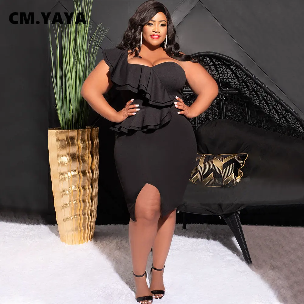 CM.YAYA Plus Size Women Ruffles Shoulder Sleeveless Bodycon Midi Dress 2023 Fashion INS Curve Sexy Party Club Dresses Vestidos CM.YAYA Plus Size Women Ruffles Shoulder Sleeveless Bodycon Midi Dress 2023 Fashion INS Curve Sexy Party Club Dresses Vestidos