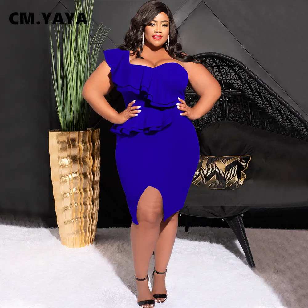 CM.YAYA Plus Size Women Ruffles Shoulder Sleeveless Bodycon Midi Dress 2023 Fashion INS Curve Sexy Party Club Dresses Vestidos CM.YAYA Plus Size Women Ruffles Shoulder Sleeveless Bodycon Midi Dress 2023 Fashion INS Curve Sexy Party Club Dresses Vestidos