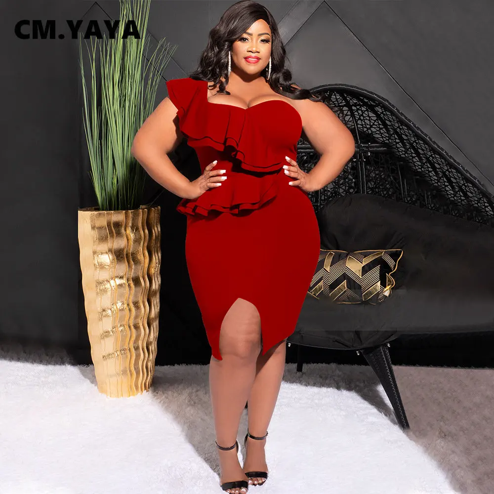CM.YAYA Plus Size Women Ruffles Shoulder Sleeveless Bodycon Midi Dress 2023 Fashion INS Curve Sexy Party Club Dresses Vestidos CM.YAYA Plus Size Women Ruffles Shoulder Sleeveless Bodycon Midi Dress 2023 Fashion INS Curve Sexy Party Club Dresses Vestidos