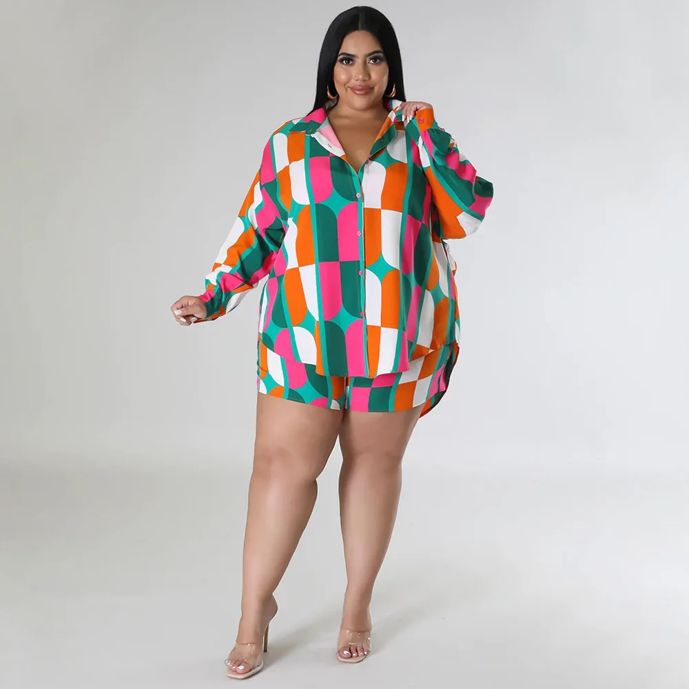 CM.YAYA Fashion Plus size plaid floral Women's Set long sleeve shirt and Shorts 2023 Summer Two 2 Piece Set Outfits Tracksuit