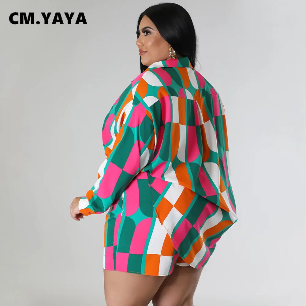 CM.YAYA Fashion Plus size plaid floral Women's Set long sleeve shirt and Shorts 2023 Summer Two 2 Piece Set Outfits Tracksuit