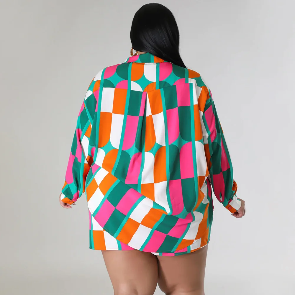 CM.YAYA Fashion Plus size plaid floral Women's Set long sleeve shirt and Shorts 2023 Summer Two 2 Piece Set Outfits Tracksuit