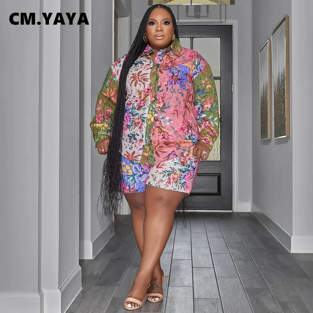 CM.YAYA Fashion Plus size plaid floral Women's Set long sleeve shirt and Shorts 2023 Summer Two 2 Piece Set Outfits Tracksuit