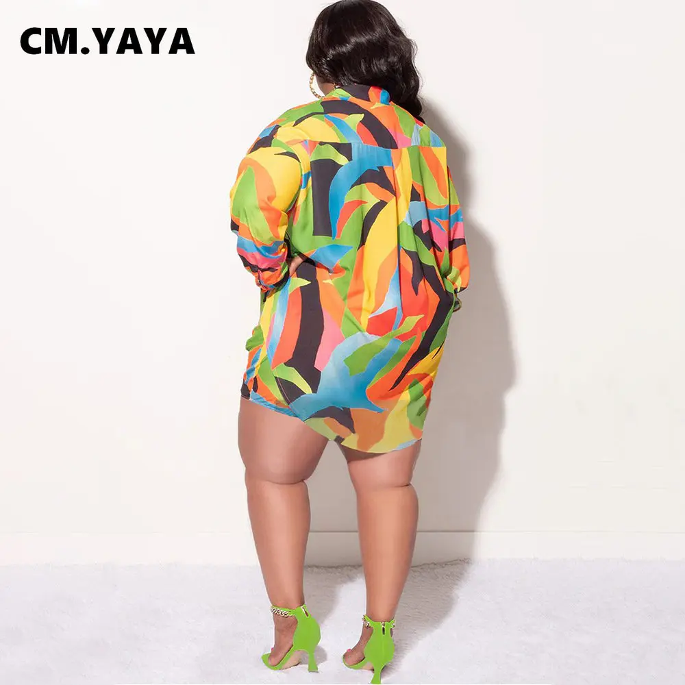CM.YAYA Fashion Plus size plaid floral Women's Set long sleeve shirt and Shorts 2023 Summer Two 2 Piece Set Outfits Tracksuit