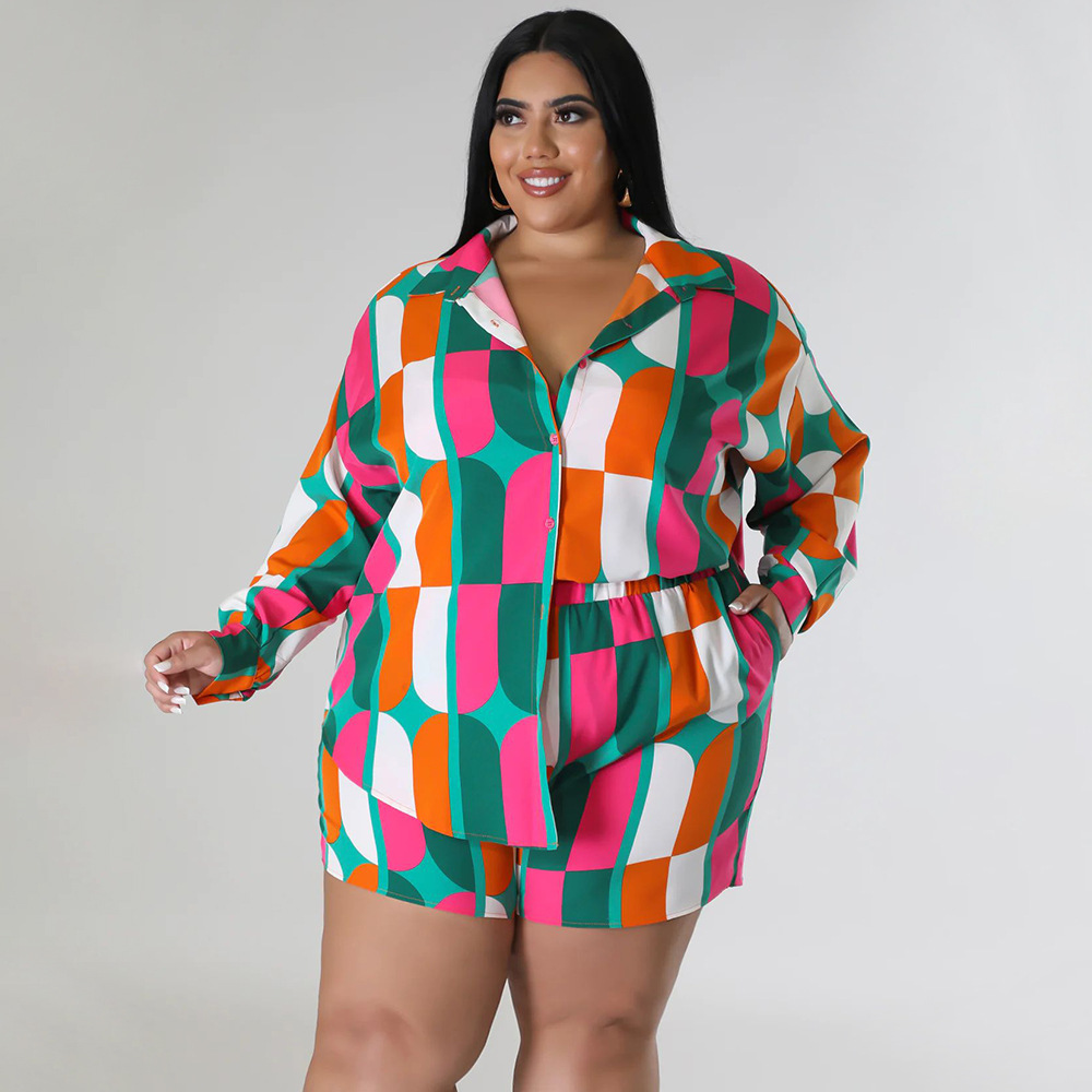 CM.YAYA Fashion Plus size plaid floral Women's Set long sleeve shirt and Shorts 2023 Summer Two 2 Piece Set Outfits Tracksuit