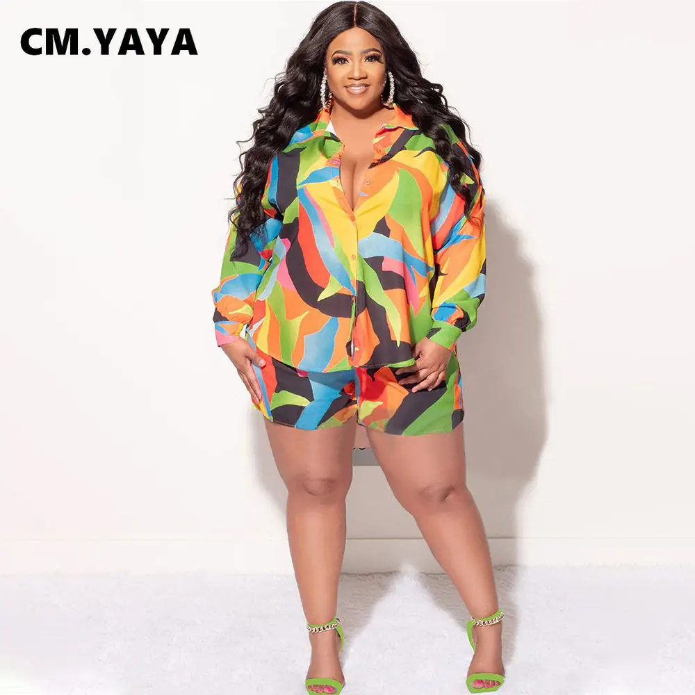 CM.YAYA Fashion Plus size plaid floral Women's Set long sleeve shirt and Shorts 2023 Summer Two 2 Piece Set Outfits Tracksuit