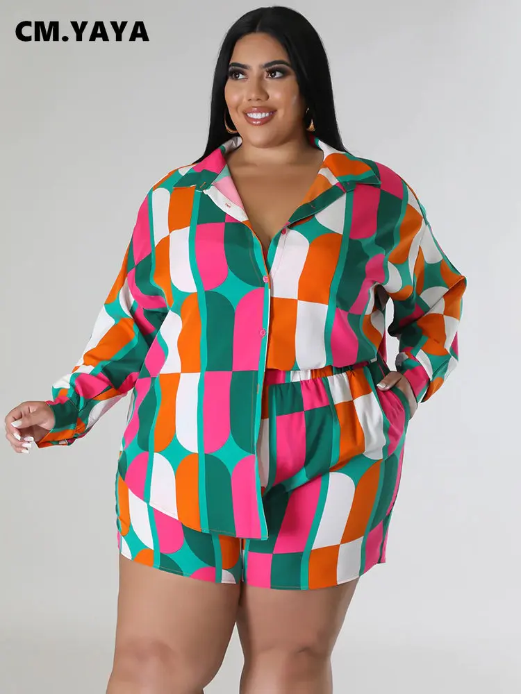CM.YAYA Fashion Plus size plaid floral Women's Set long sleeve shirt and Shorts 2023 Summer Two 2 Piece Set Outfits Tracksuit