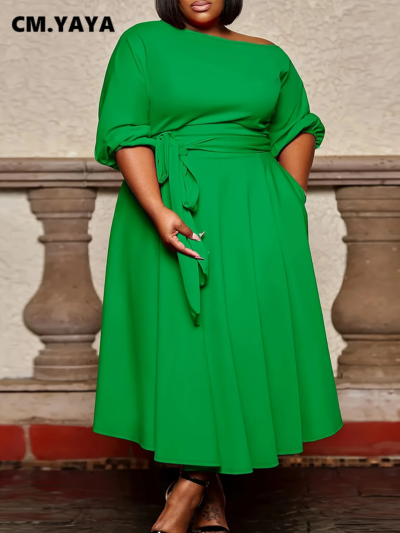 CM.YAYA 2024 Plus Size Summer Solid Sexy Half-Sleeve O-Neck Long Maxi Women Dress Belt Night Club Casual Beach Party Dresses