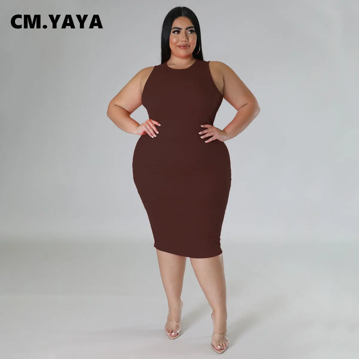 CM.YAYA Women Plus size Fashion Sleeveless Knit Ribbed Bodycon Midi Tank Dress High Street Vintage Party Evening Pencil Dresses CM.YAYA Women Plus size Fashion Sleeveless Knit Ribbed Bodycon Midi Tank Dress High Street Vintage Party Evening Pencil Dresses