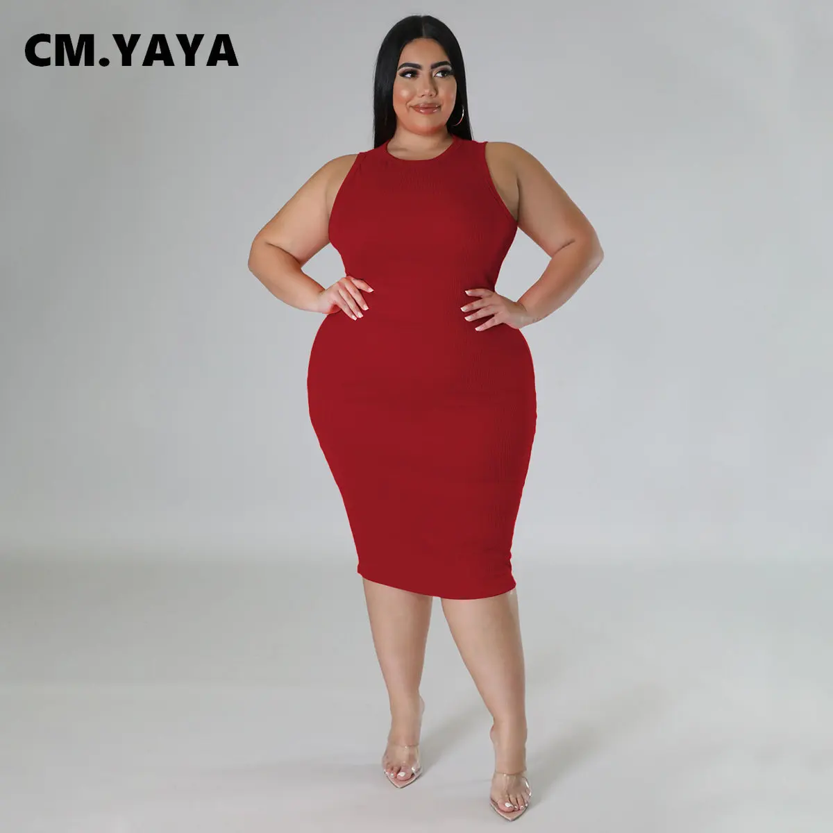 CM.YAYA Women Plus size Fashion Sleeveless Knit Ribbed Bodycon Midi Tank Dress High Street Vintage Party Evening Pencil Dresses CM.YAYA Women Plus size Fashion Sleeveless Knit Ribbed Bodycon Midi Tank Dress High Street Vintage Party Evening Pencil Dresses