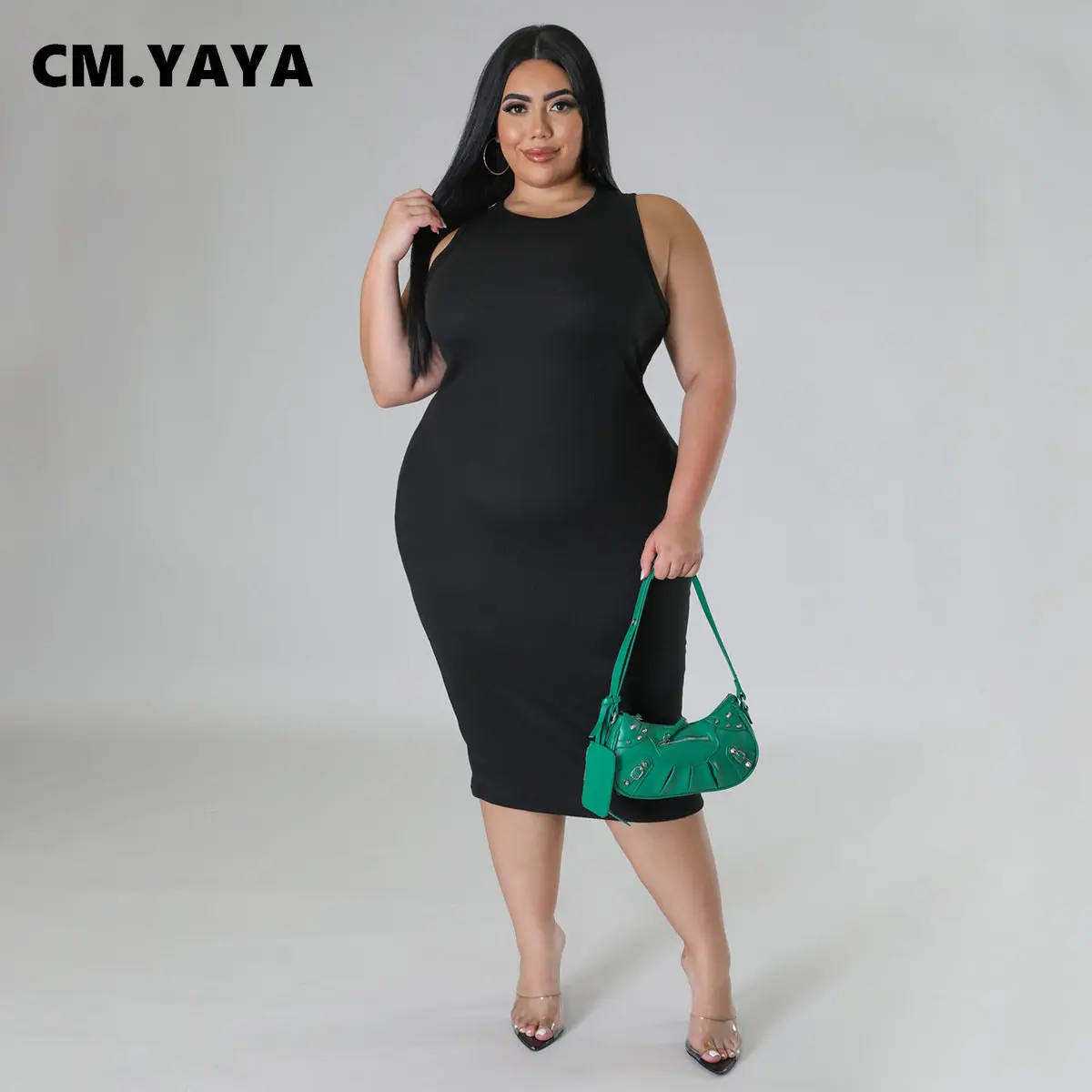 CM.YAYA Women Plus size Fashion Sleeveless Knit Ribbed Bodycon Midi Tank Dress High Street Vintage Party Evening Pencil Dresses CM.YAYA Women Plus size Fashion Sleeveless Knit Ribbed Bodycon Midi Tank Dress High Street Vintage Party Evening Pencil Dresses